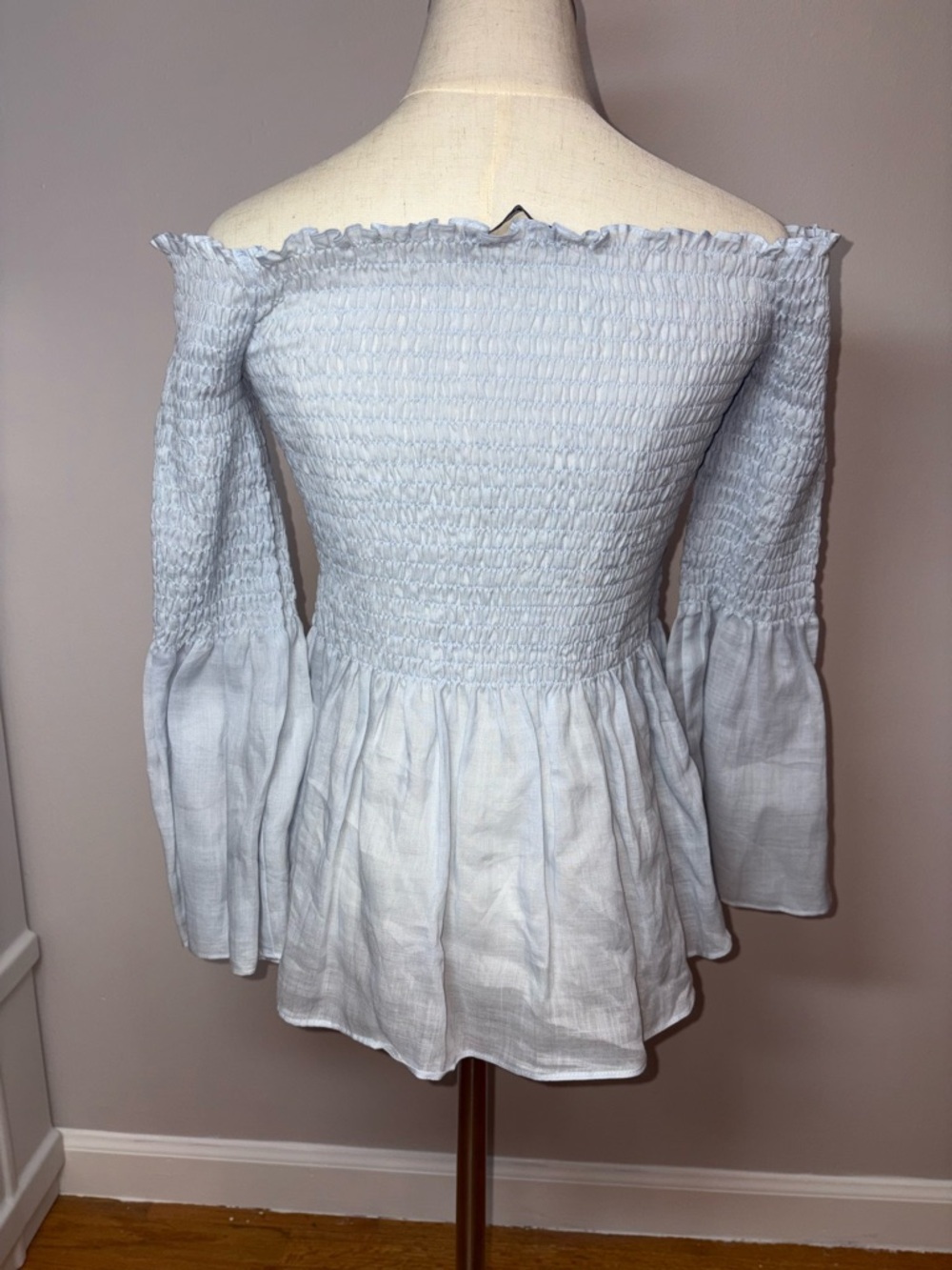 Zara Woman Smocked Off The Shoulder Flare Bell Sleeve Peplum Blue Top Size Small - Picture 10 of 13
